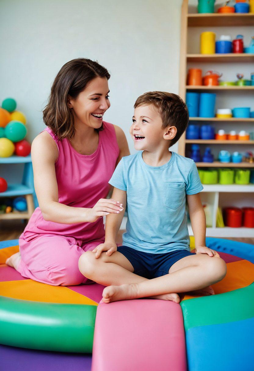 A joyful child engaging in Bobath therapy, surrounded by colorful therapy equipment, with a supportive therapist guiding them. Include bright, inviting colors to evoke a sense of happiness and positive energy, while focusing on the child's facial expressions of determination and joy. The background should feature soft, comforting hues that enhance the therapeutic environment. super-realistic. vibrant colors. cheerful atmosphere.