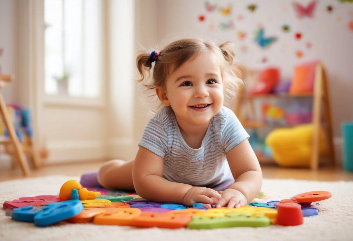 A joyful child engaging in playful movement therapy, surrounded by colorful therapy tools, with a warm and inviting atmosphere. The child is being supported by a compassionate therapist, showcasing a sense of collaboration and encouragement. Include elements that symbolize growth and joy, like butterflies and sunshine in the background. Bright colors, soft focus, and a lively environment to evoke positivity. super-realistic. vibrant colors. soft focus.