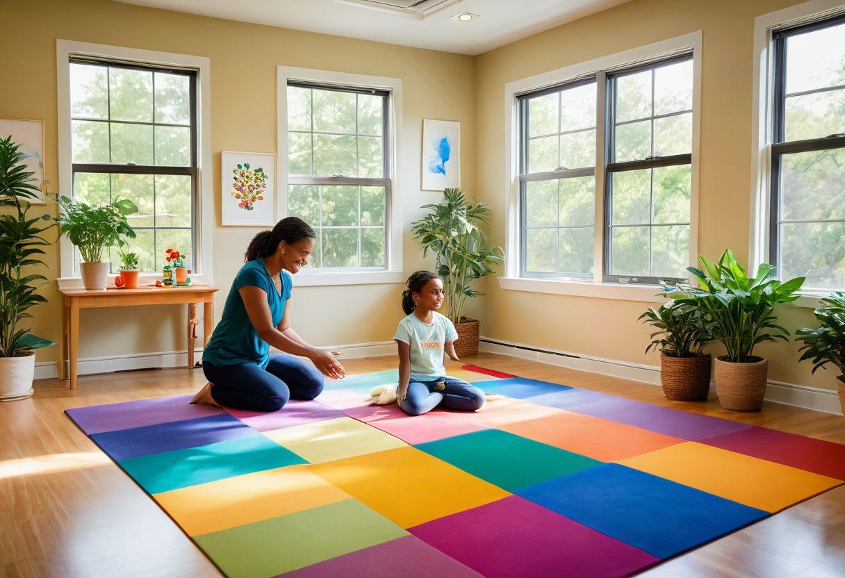 A serene therapy room featuring a child joyfully engaging in movement therapy with a compassionate therapist. Bright colors fill the space, showcasing various therapeutic tools and soft mats. The child is smiling, embodying the joy of movement, with gentle sunlight streaming through large windows. Elements of nature, such as plants and calming art, enhance the atmosphere. super-realistic. vibrant colors. soothing ambiance.